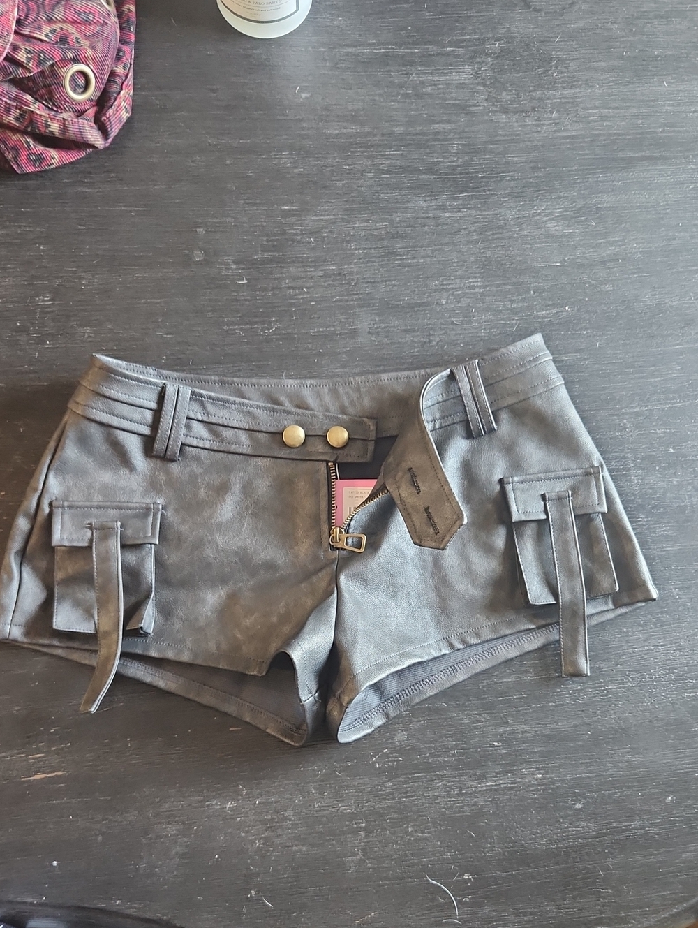 Edikted Charcoal Gray Faux-Leather Cargo Shorts with Buckle Detail